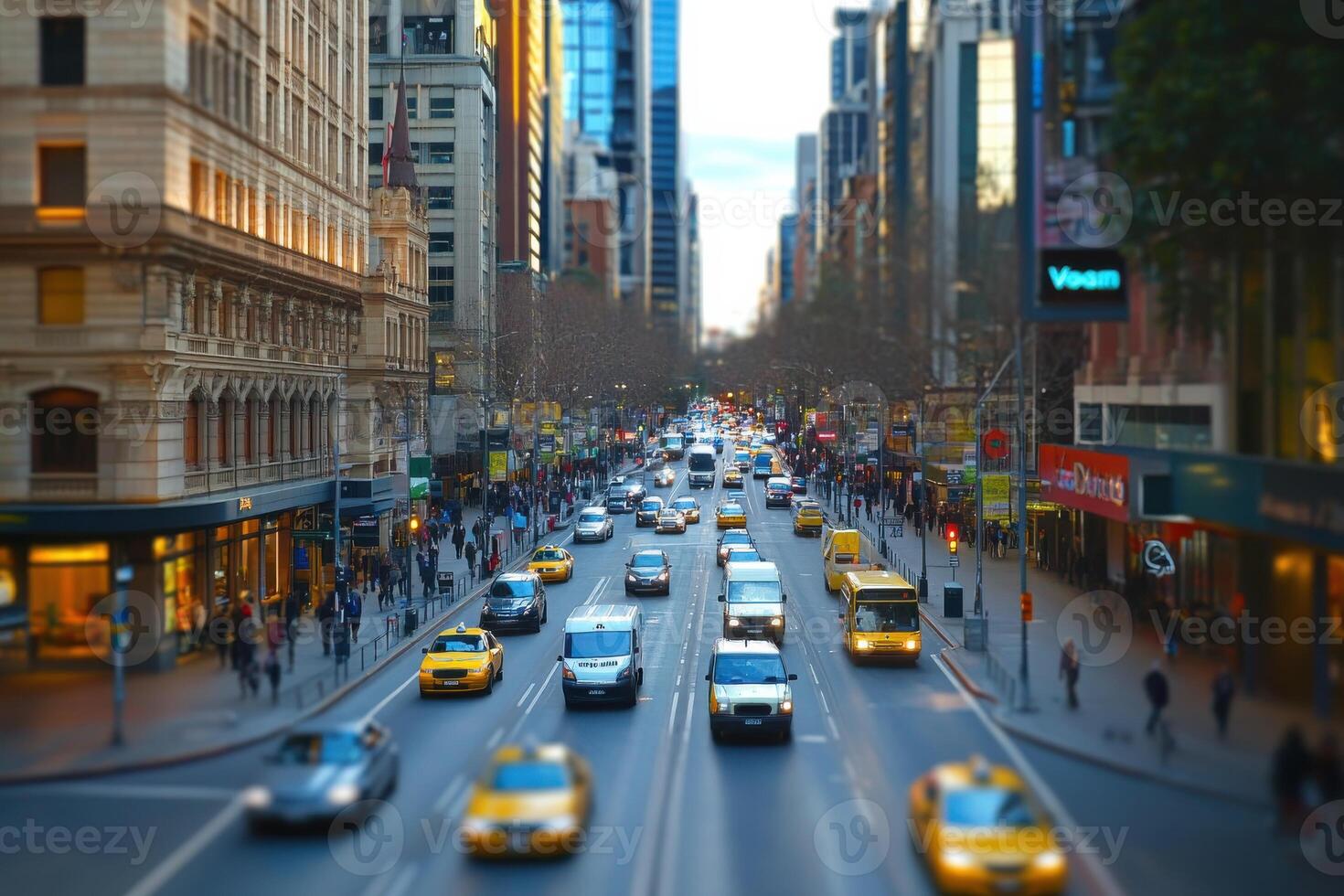 Busy city street filled with yellow taxis and pedestrians during late afternoon rush in downtown photo