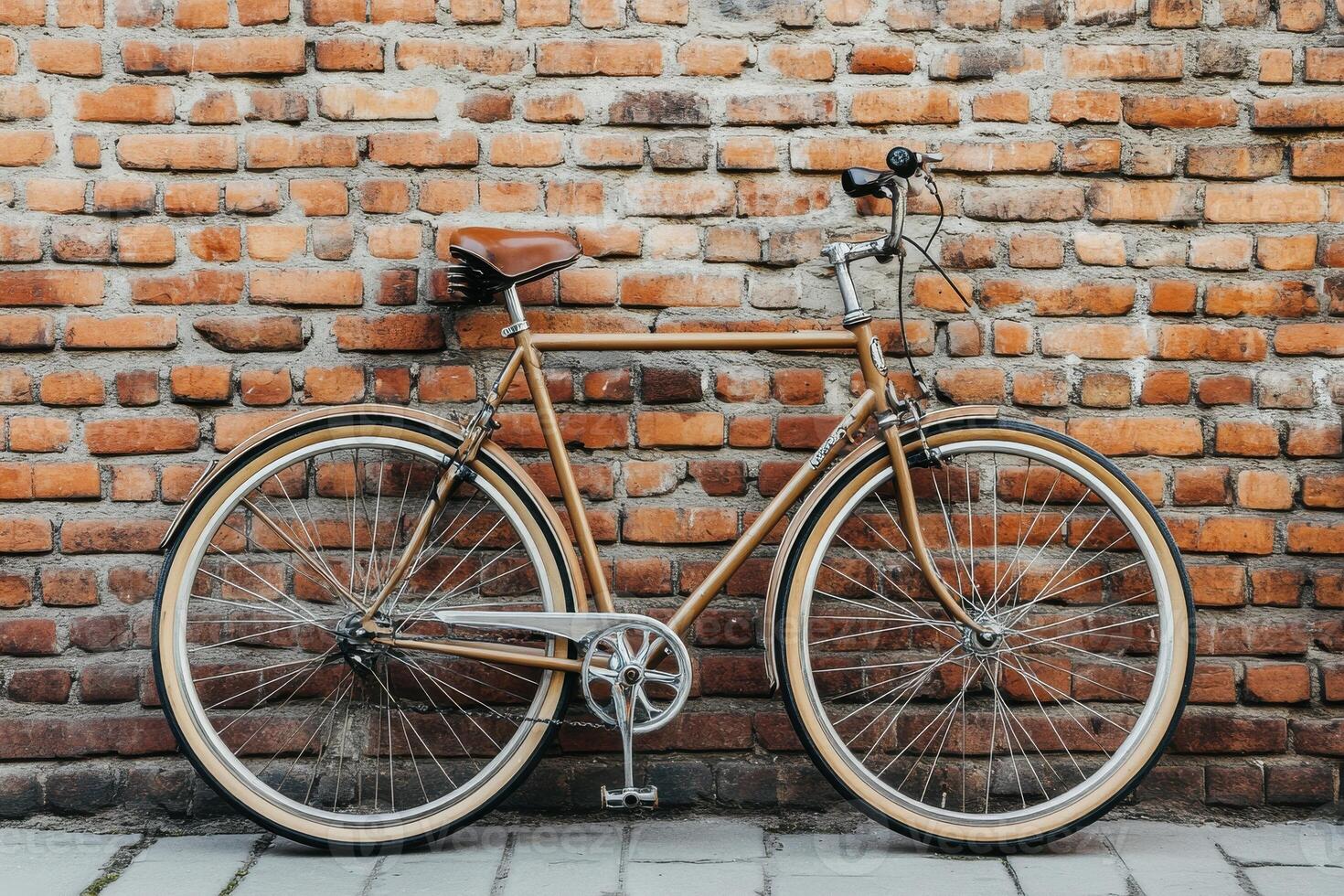 Vintage bicycle leaning against a textured brick wall in an urban setting during daylight photo