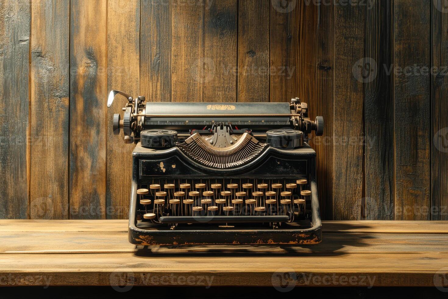 Antique typewriter on a wooden table surrounded by rustic wooden walls photo