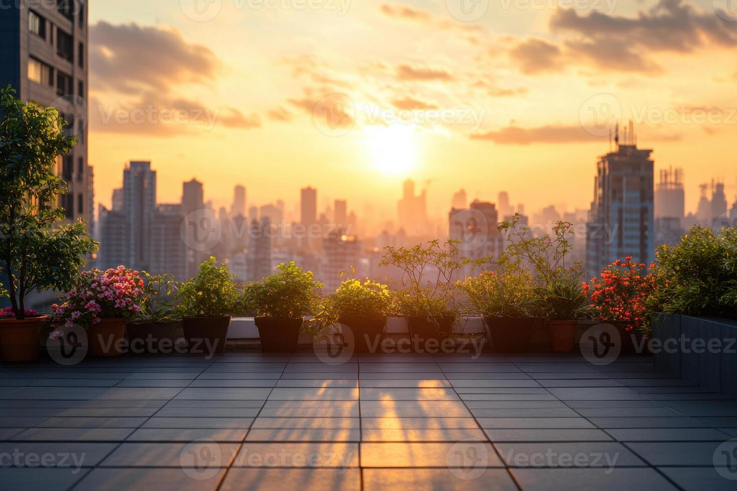 Stunning sunset view from a city rooftop garden with vibrant flowers and skyline silhouettes photo