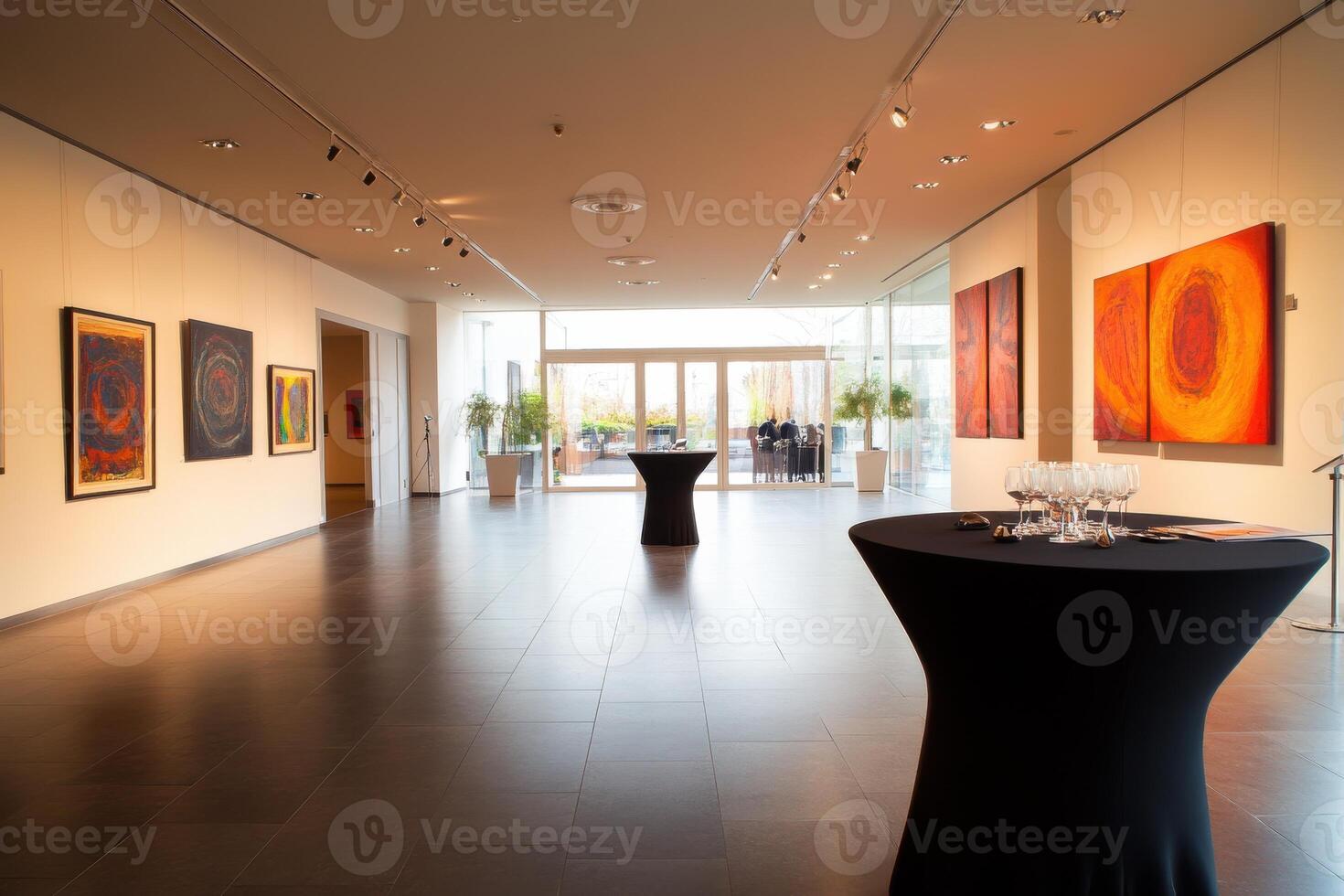 Art exhibition showcasing vibrant abstract paintings with a modern ambiance and natural light photo