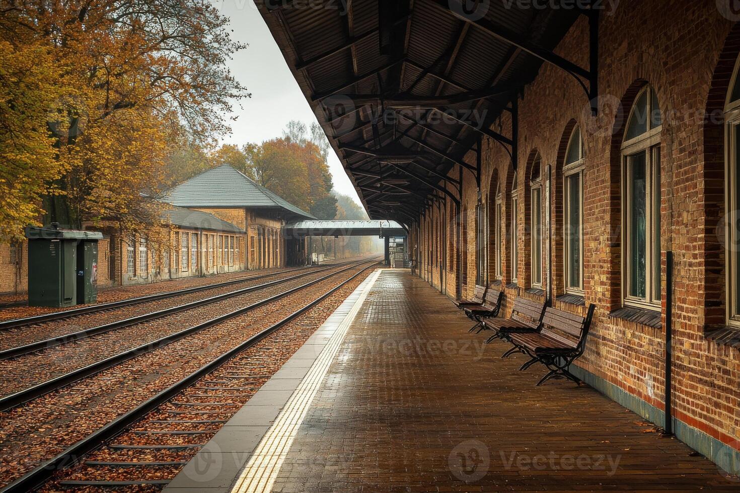 Quiet autumn afternoon at a vintage train station with empty benches and misty surroundings photo