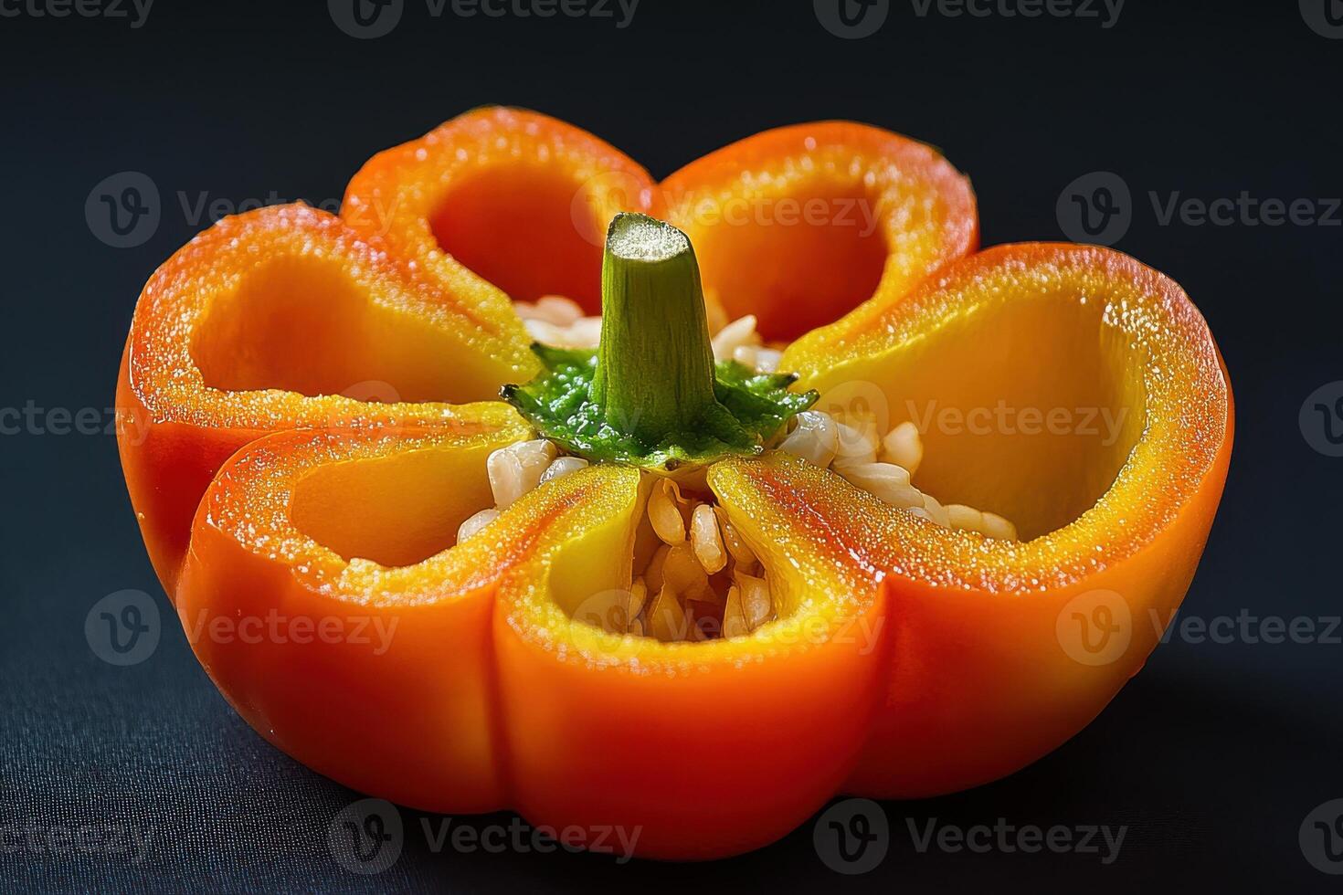 Vivid orange bell pepper sliced open, showing seeds and inner structure against a dark backdrop photo