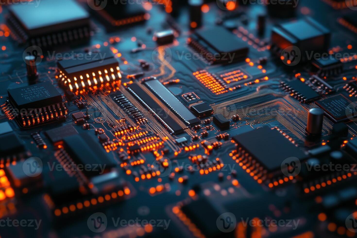 Close-up view of a circuit board illuminated by glowing orange lights in a dark environment photo