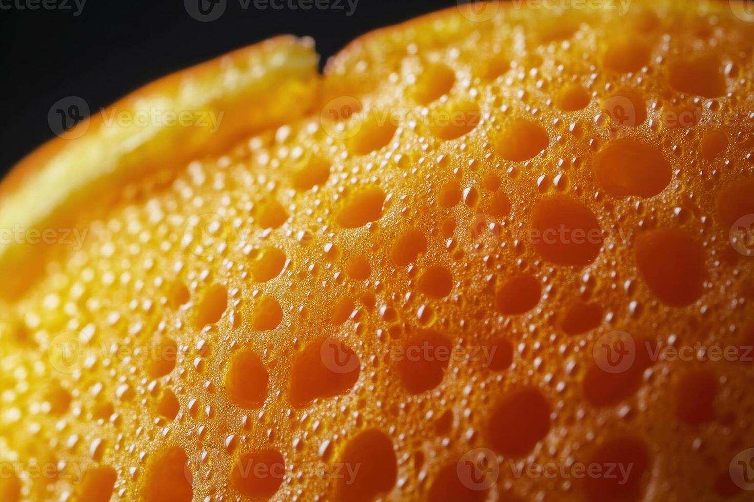 Close-up view of an orange's textured skin with droplets of water on a black background photo