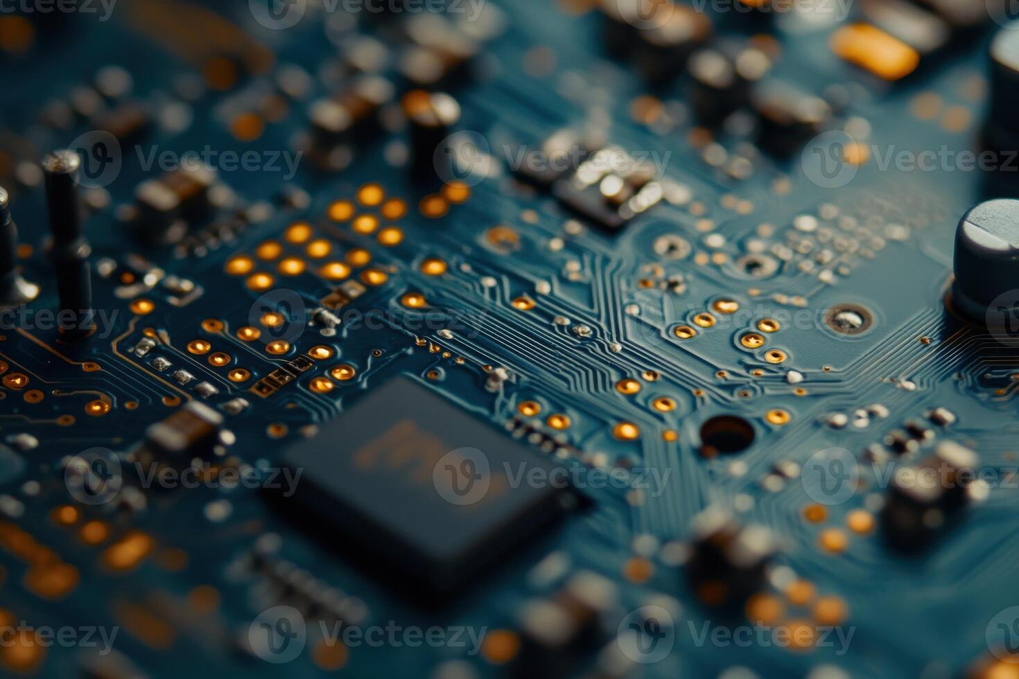 Close-up view of a complex printed circuit board showcasing electronic components and circuitry photo