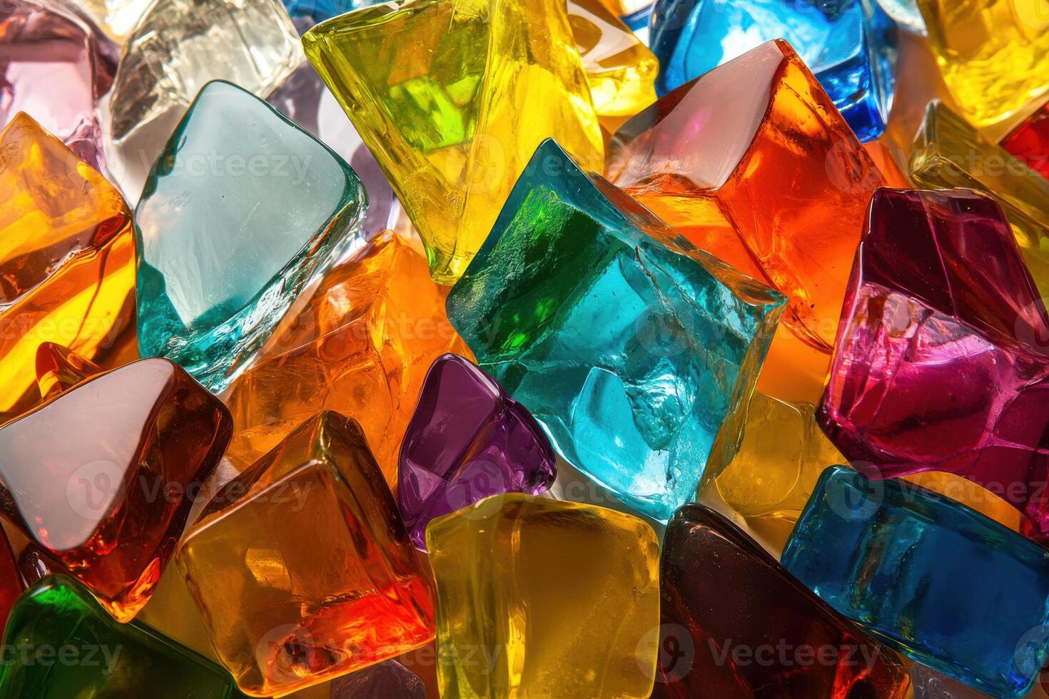 Colorful assortment of translucent ice cubes in various shapes scattered on a surface photo