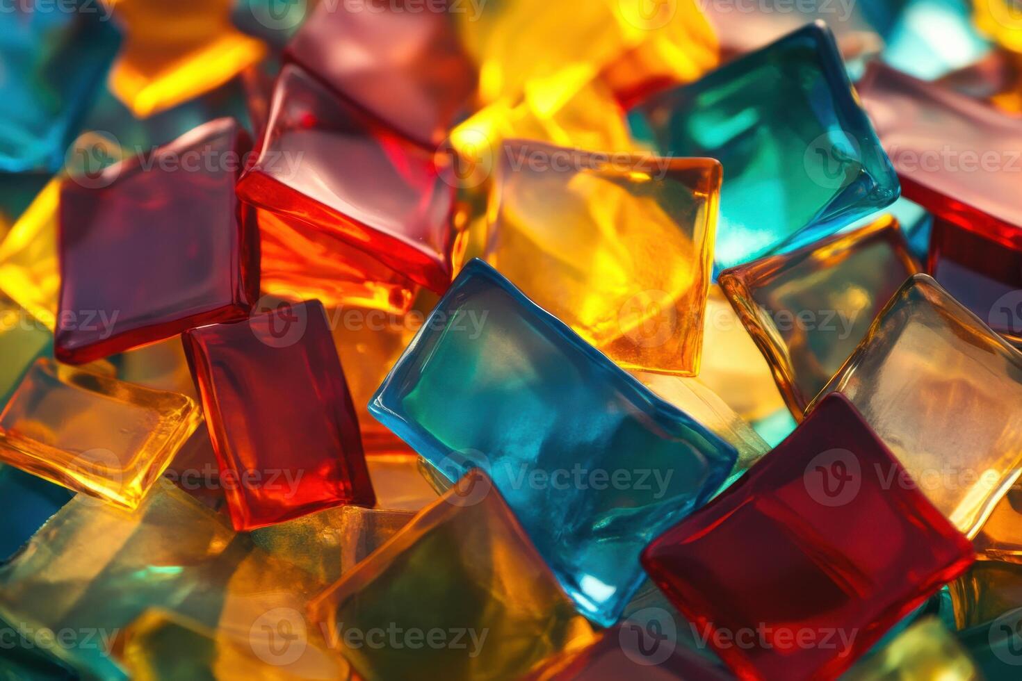 Colorful glass tiles arranged randomly with reflections under bright light photo