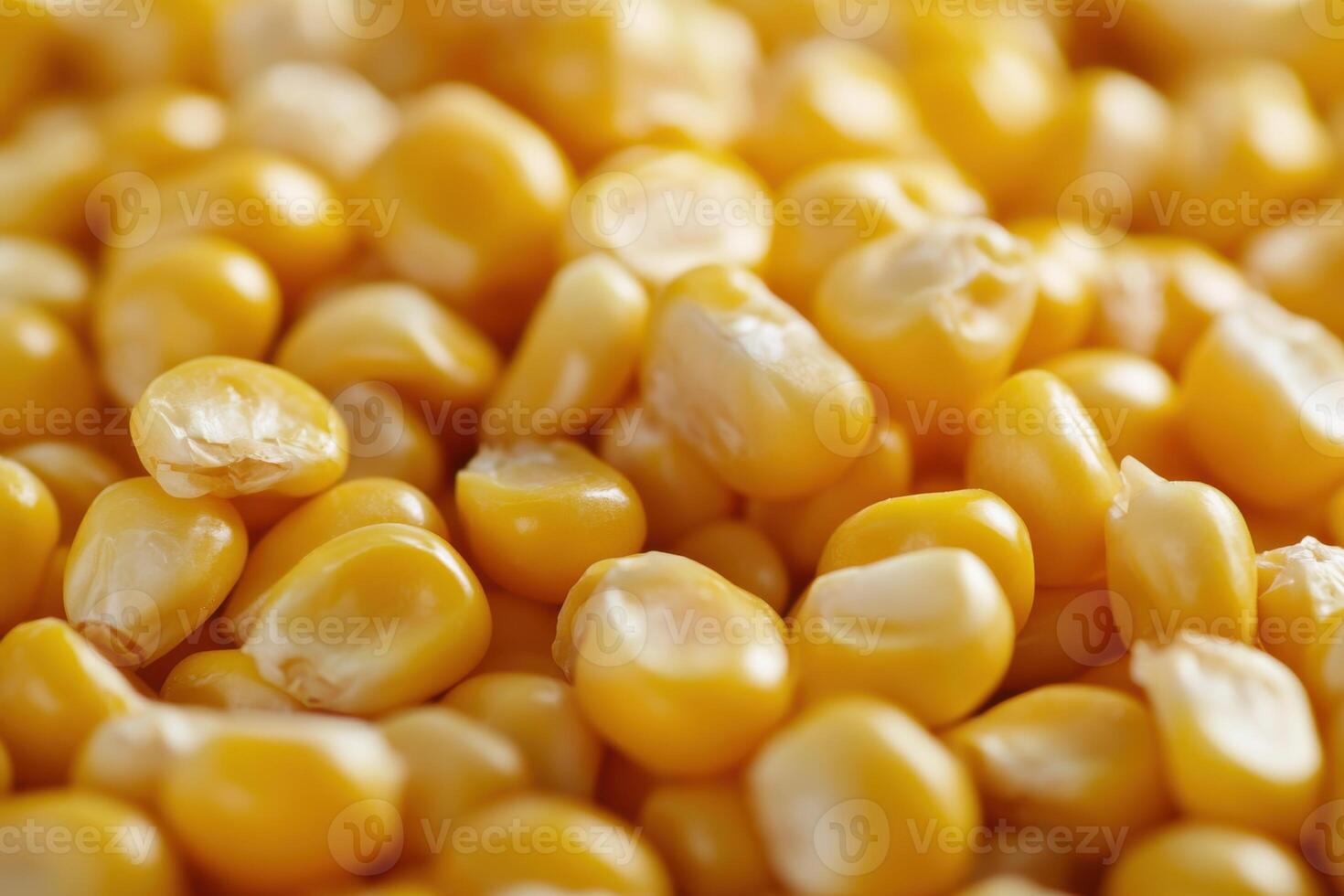 Close-up view of scattered yellow corn kernels on a textured surface under natural light photo