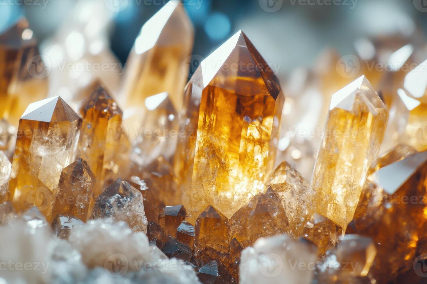 Mesmerizing cluster of golden quartz crystals illuminated by natural light in a serene setting photo