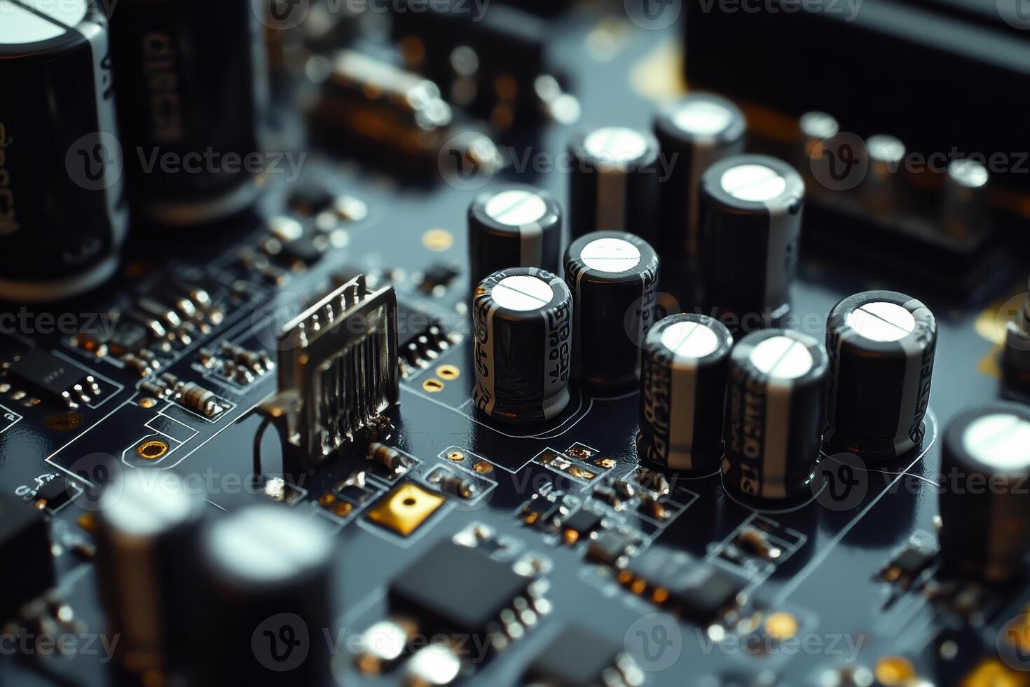 Close-up view of electronic circuit board with capacitors and integrated circuits during assembly photo