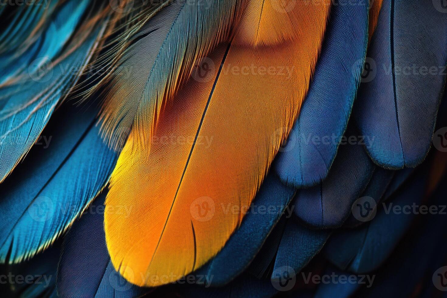 Vibrant close-up of blue and orange feathers showcasing nature's intricate patterns and textures photo