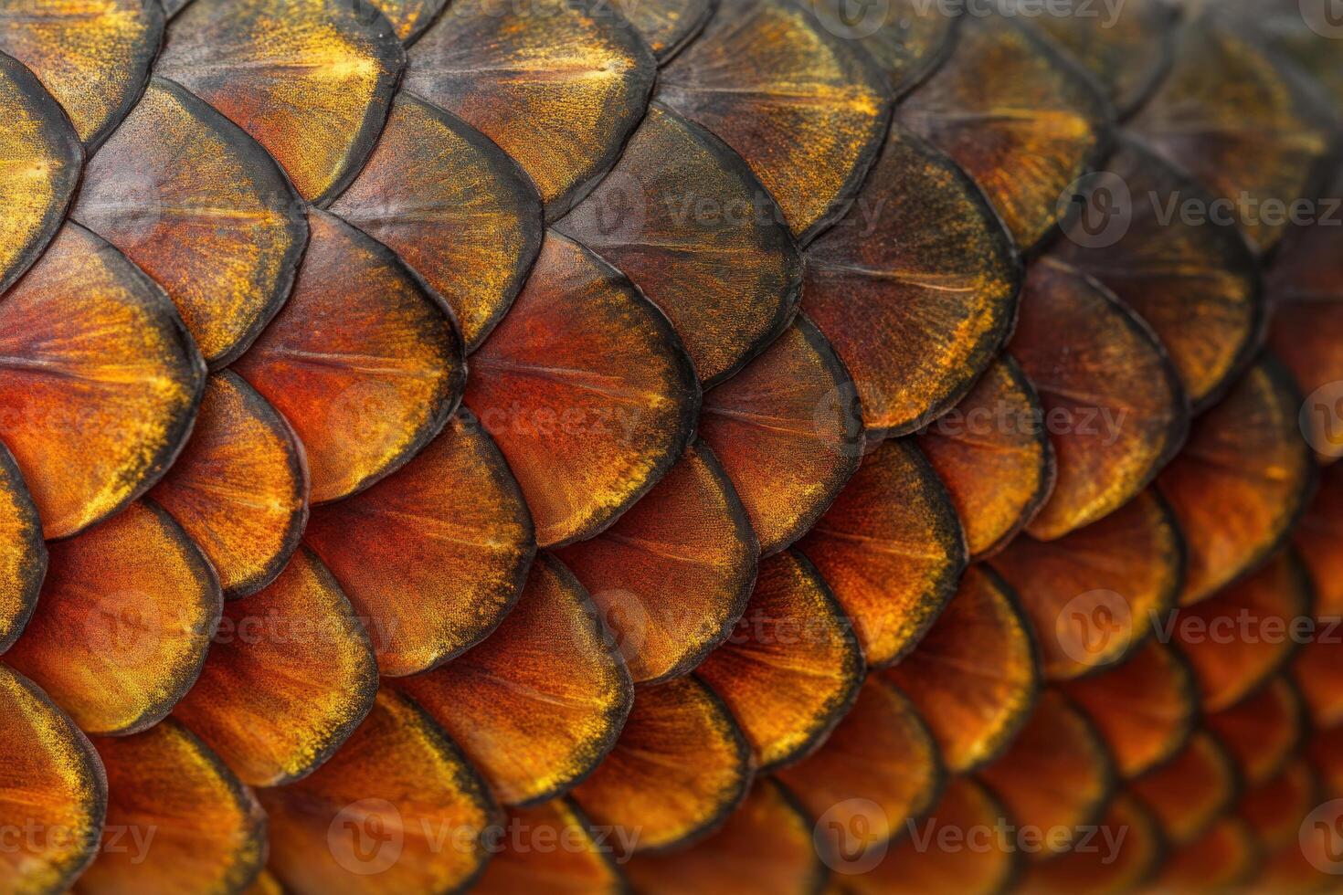Detailed close-up of a vibrant fish scale pattern showcasing colors in natural light photo