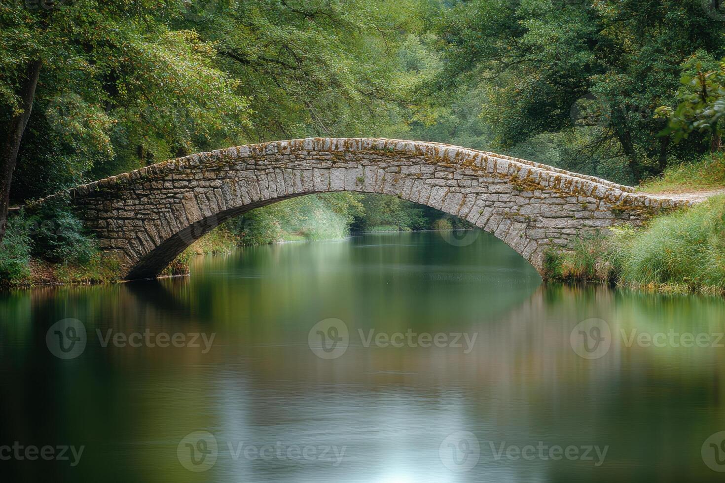 Tranquil stone bridge over calm waters surrounded by lush greenery in a serene forest setting photo