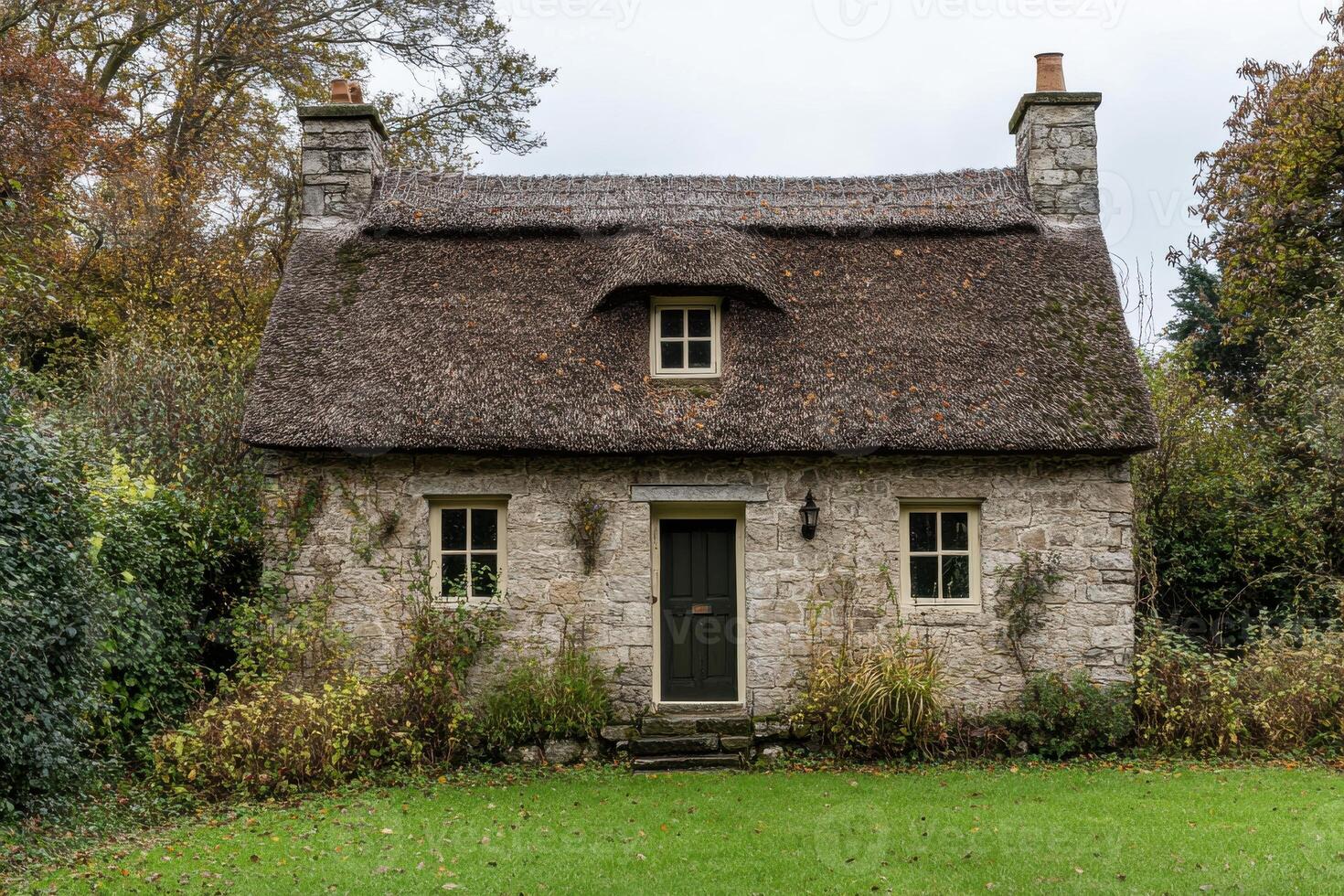 Charming thatched cottage surrounded by lush greenery in a serene countryside setting photo