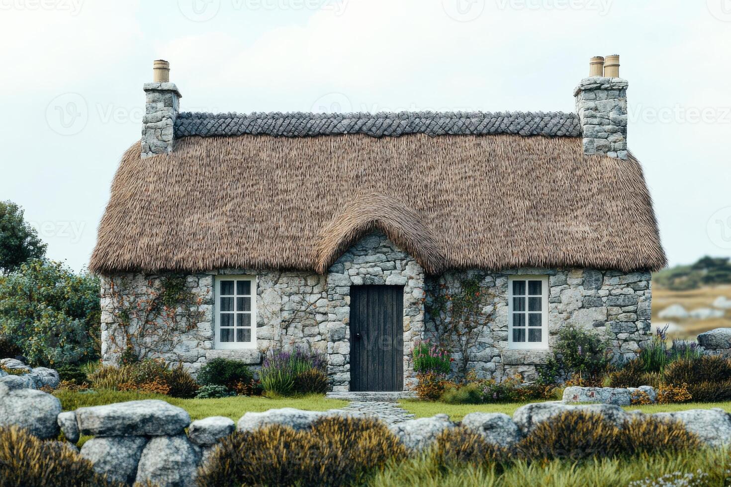 Charming thatched cottage nestled in lush greenery on a tranquil countryside landscape photo