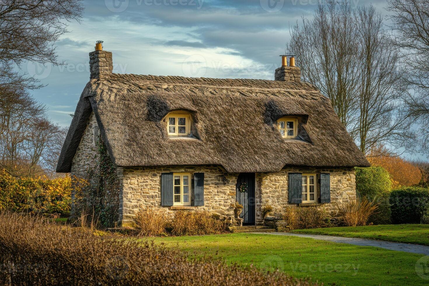 Charming thatched cottage surrounded by lush greenery in a serene countryside setting photo