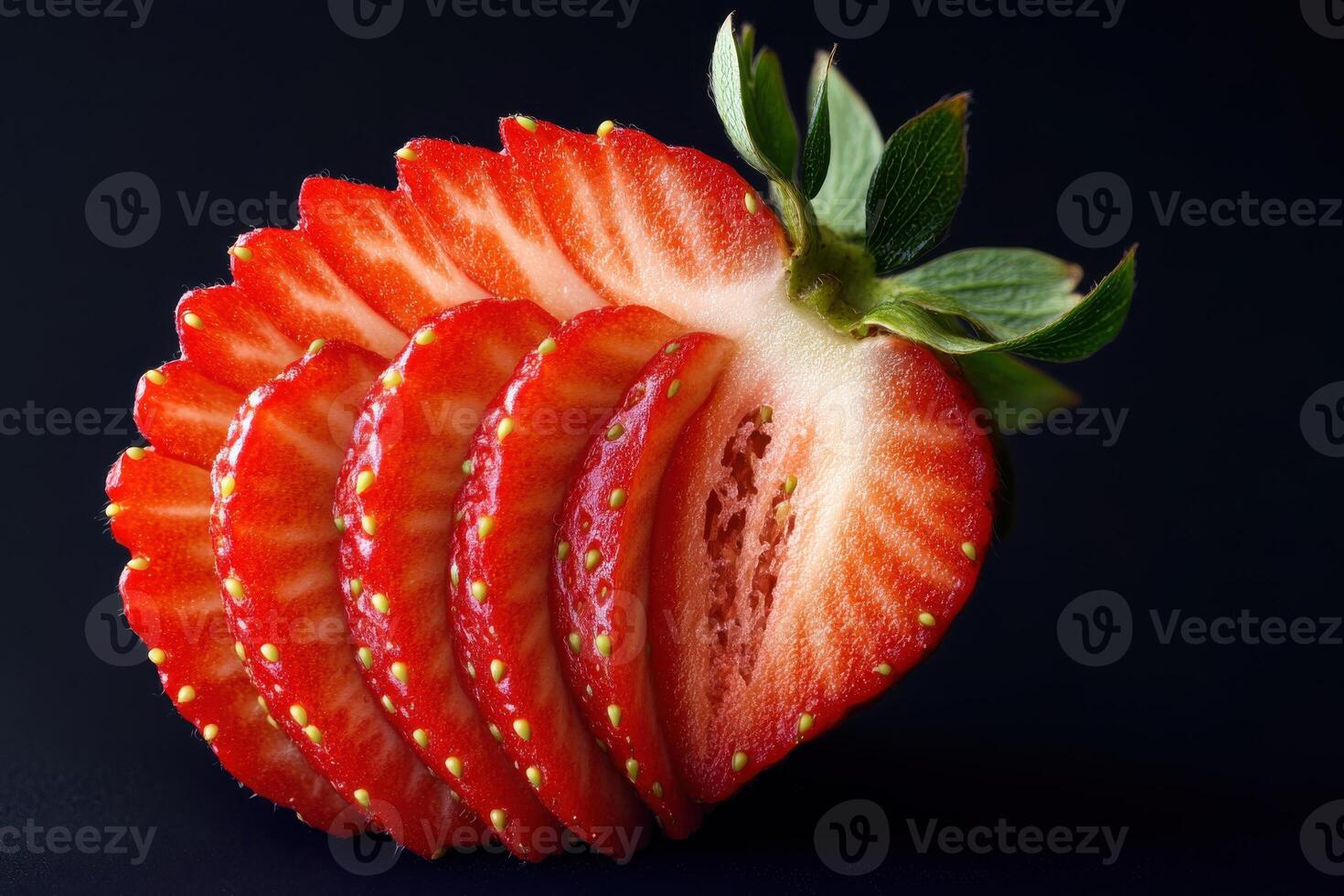 Freshly sliced strawberry showcasing vibrant red layers on a dark background photo