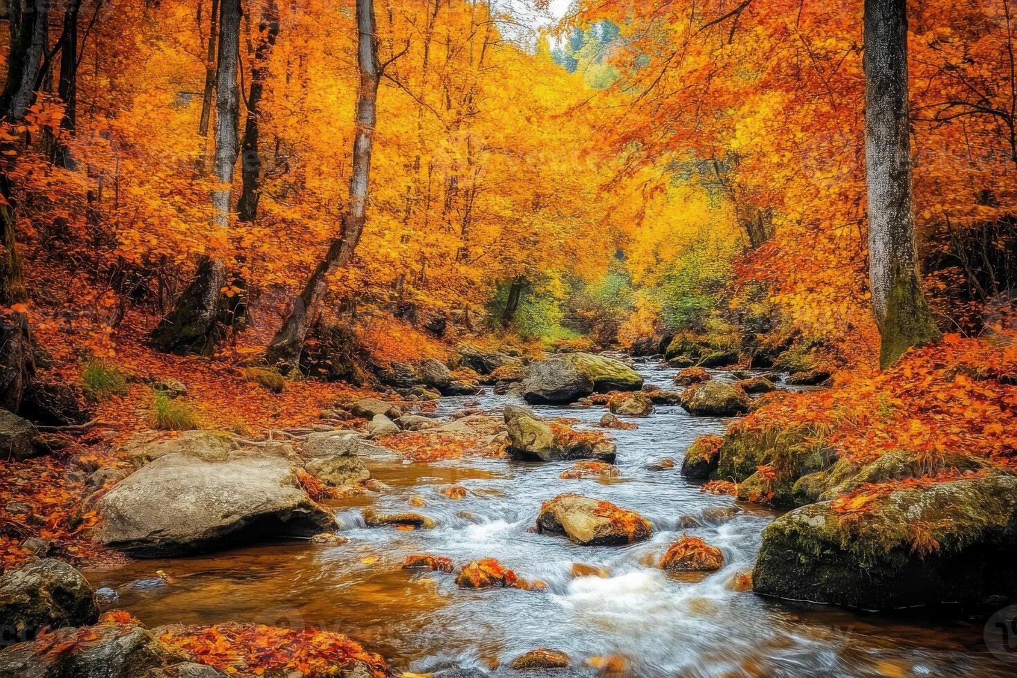 Beautiful autumn foliage with a gentle stream flowing through a vibrant forest in the mountains photo