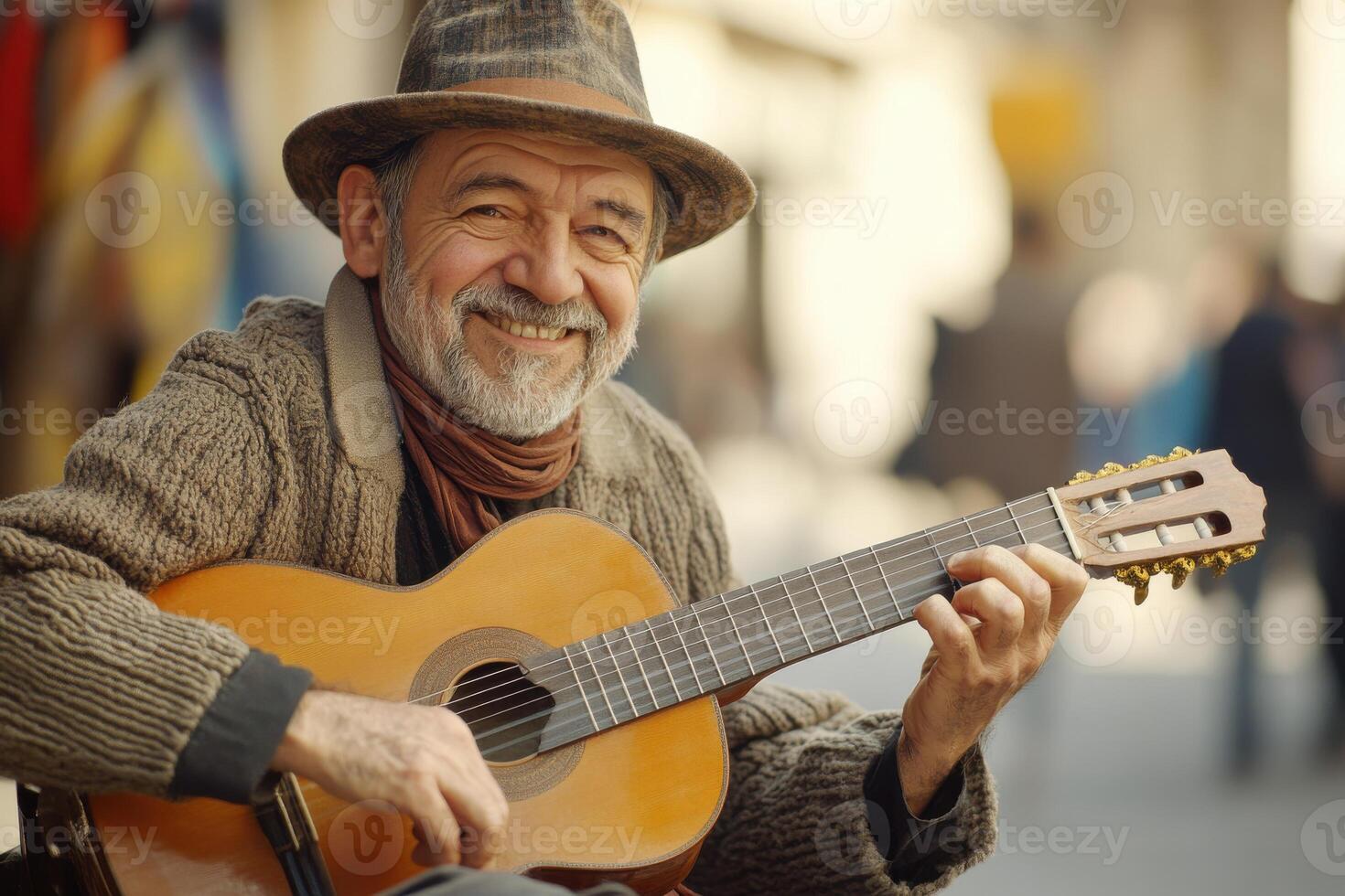 Smiling guitarist entertains passersby on a sunny afternoon in a bustling market photo