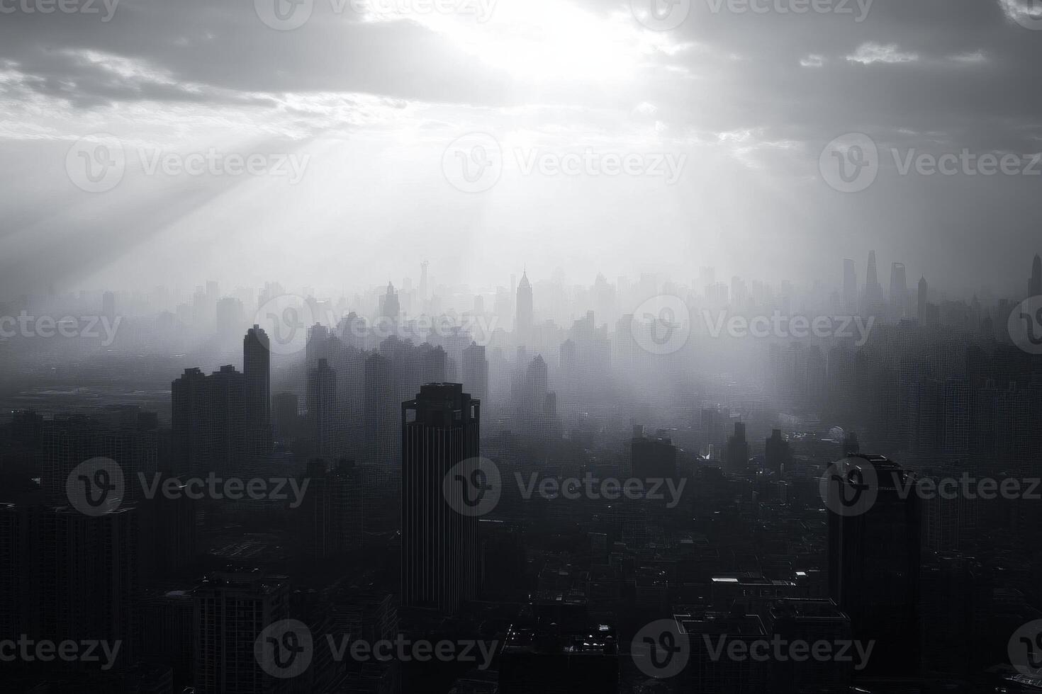 Dramatic city skyline with rays of light breaking through clouds at dusk photo