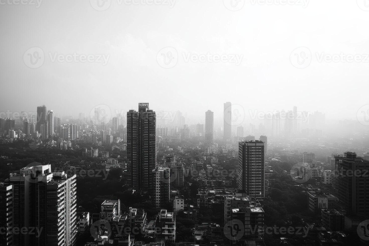 Aerial view of a misty urban landscape with tall buildings in a bustling city at dawn photo