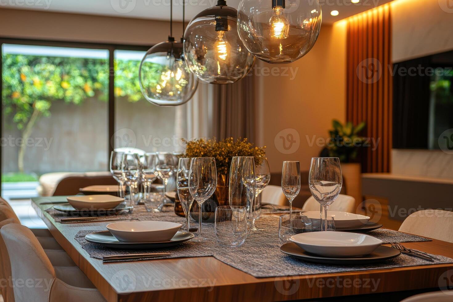 Elegant dining room set for a gathering with warm lighting and stylish decor during evening photo