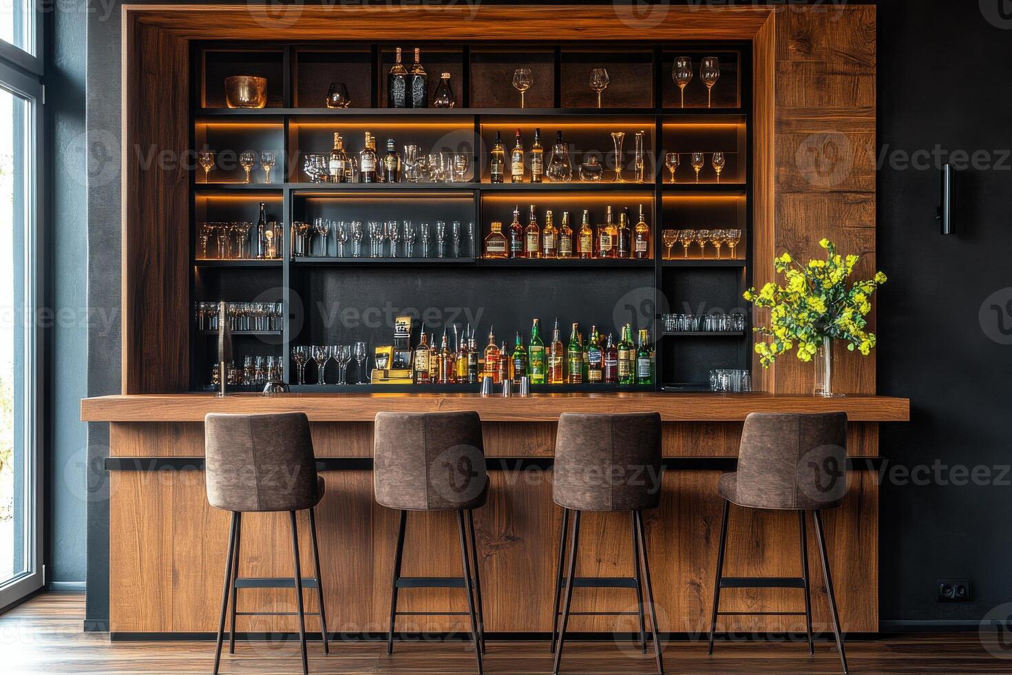 Modern bar interior with a wooden counter and stocked shelves in a chic urban setting photo