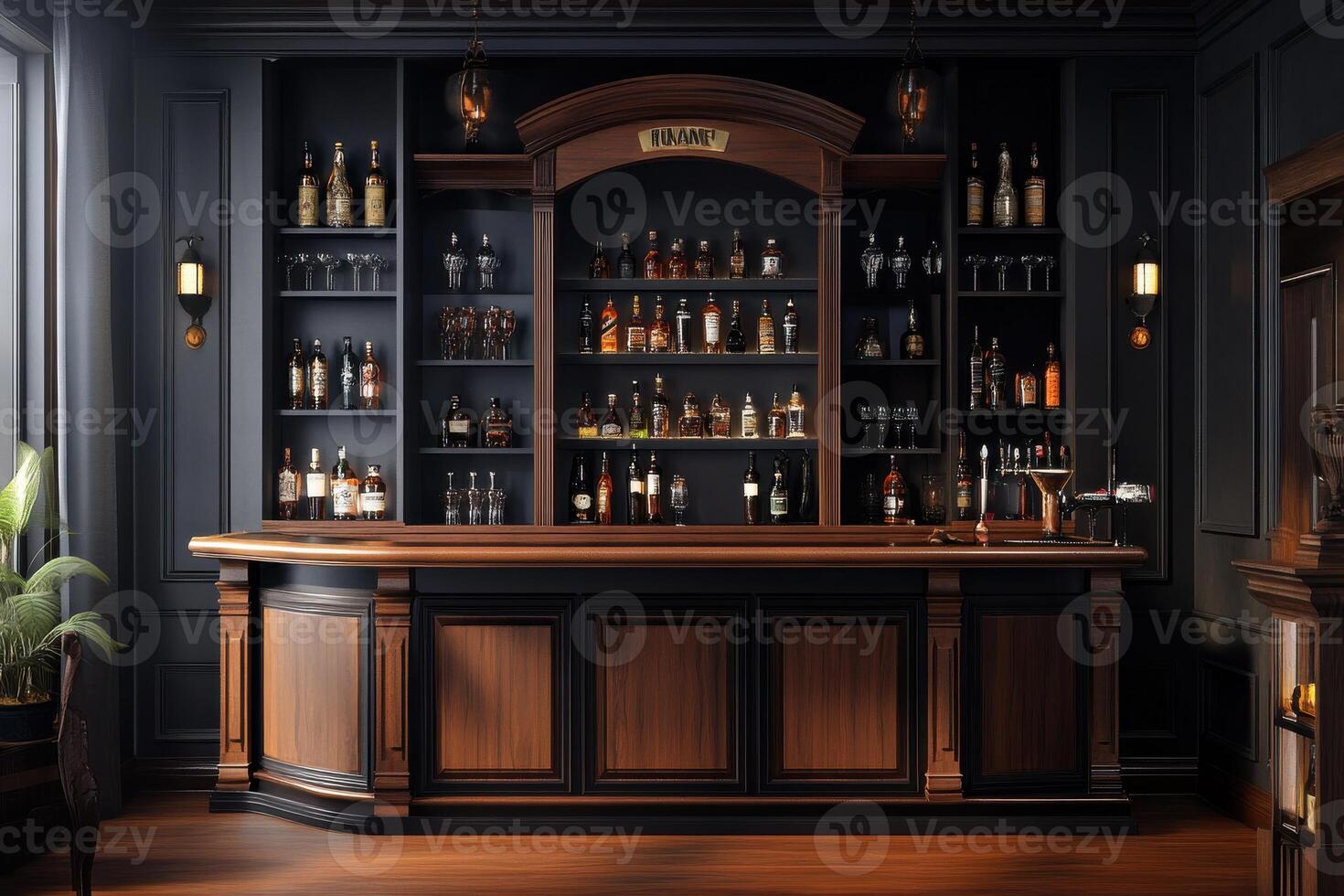 Elegant wooden bar interior showcasing premium spirits in a luxurious, dimly lit environment photo