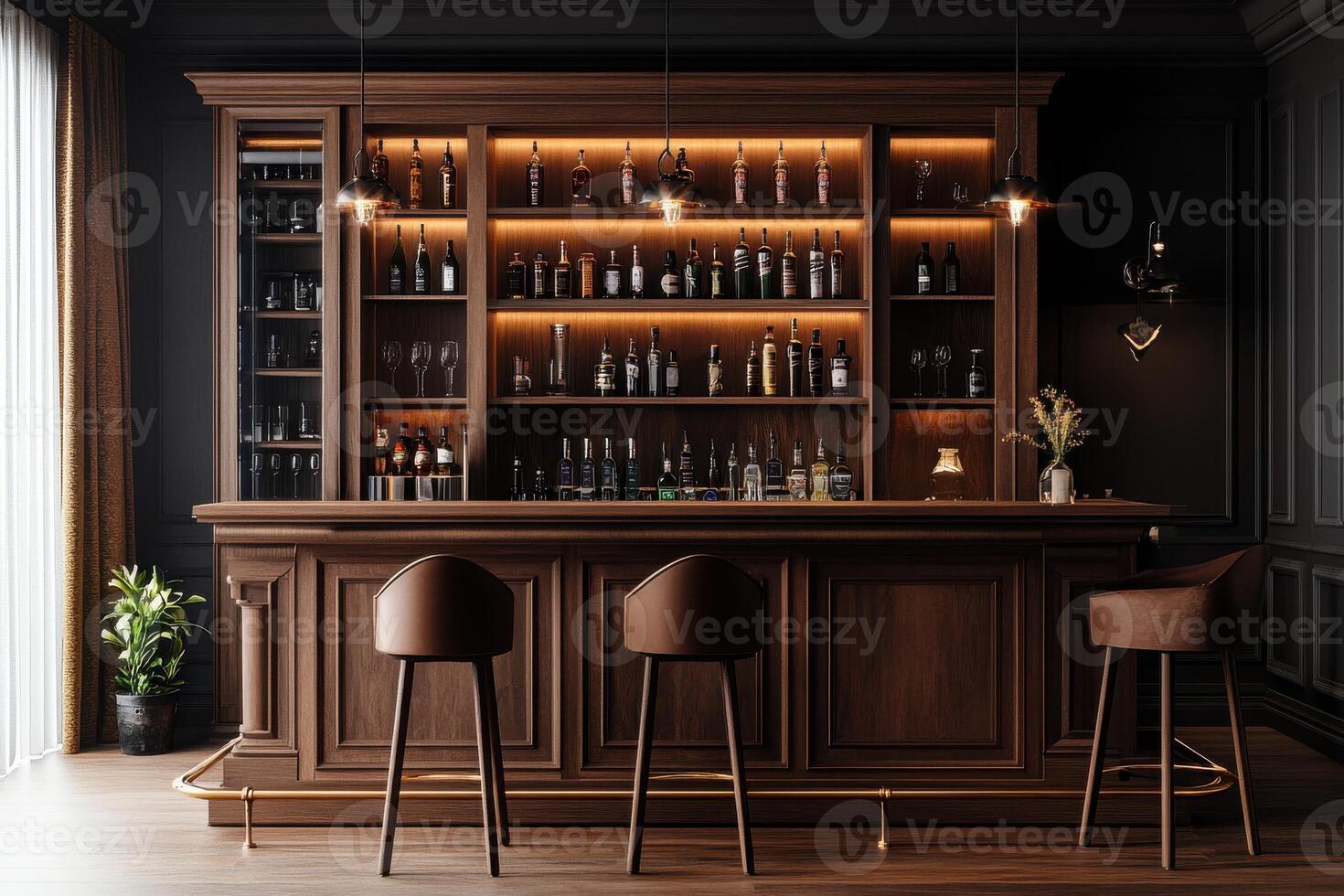 Elegant wooden bar interior with illuminated shelves and stylish seating during evening hours photo