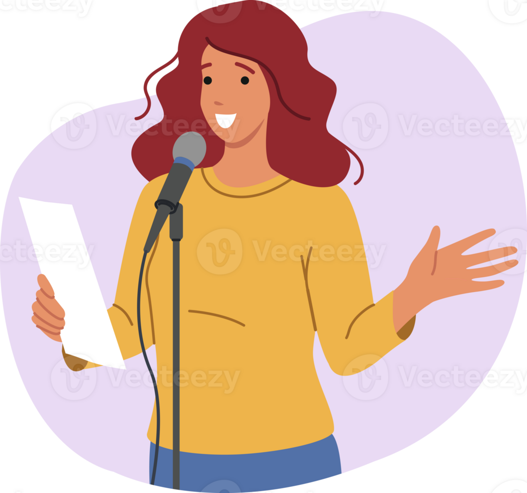 Woman speaker speaks publicly, standing near microphone and reading own poetry for audience. Girl speaker with smile rehearses solo stand-up program with jokes and funny stories from life png