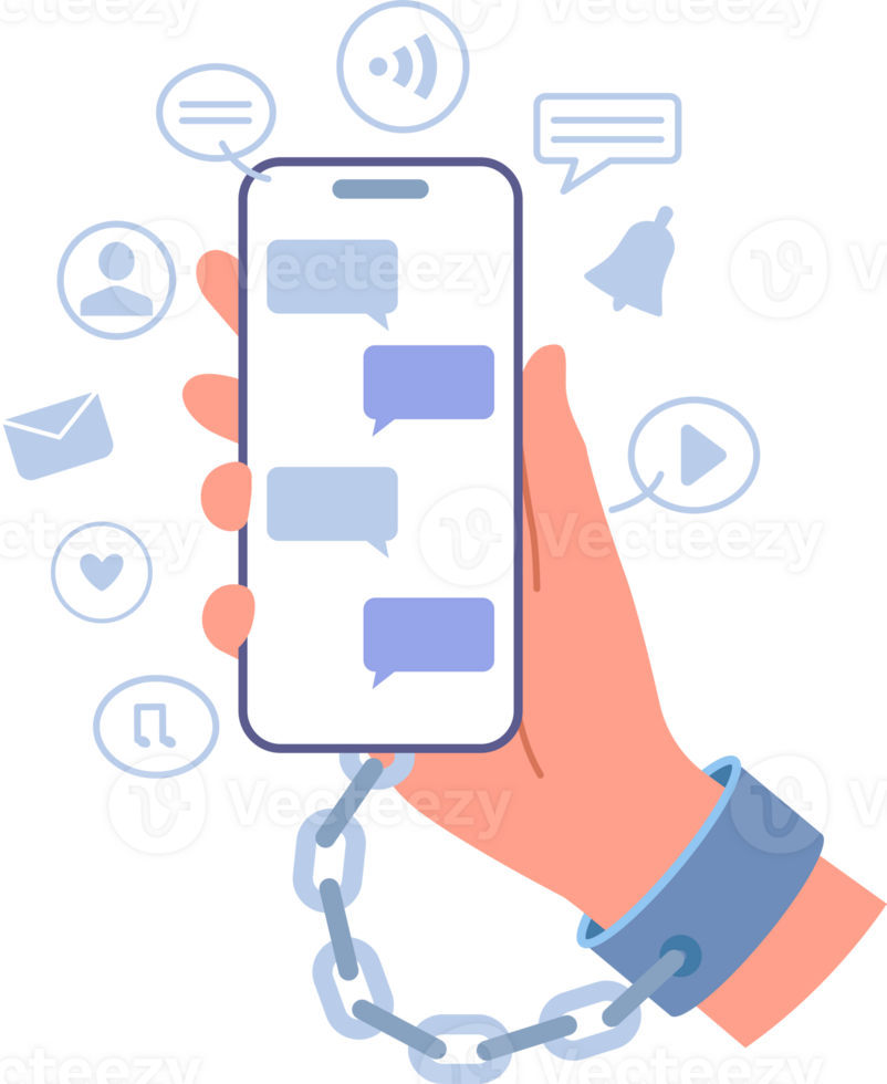 Nomophobia in person, chained to phone due to fear of parting with mobile gadget with social networking applications. Digital addiction and nomophobia in smartphone user addicted to online services png