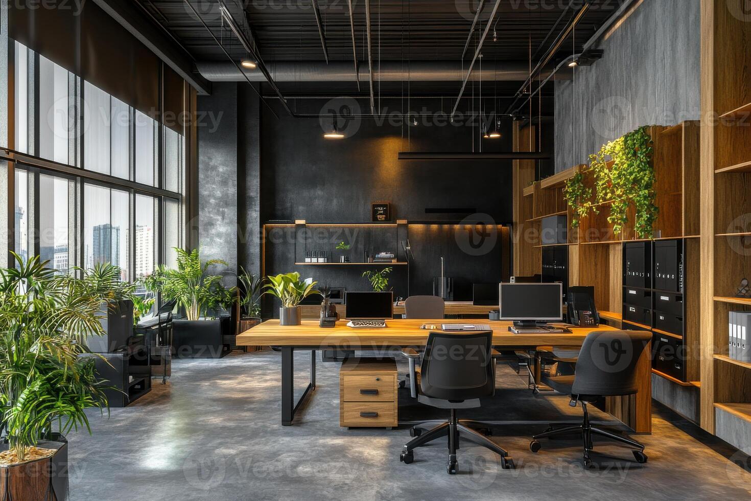 Modern office workspace with greenery and large windows during daylight hours photo