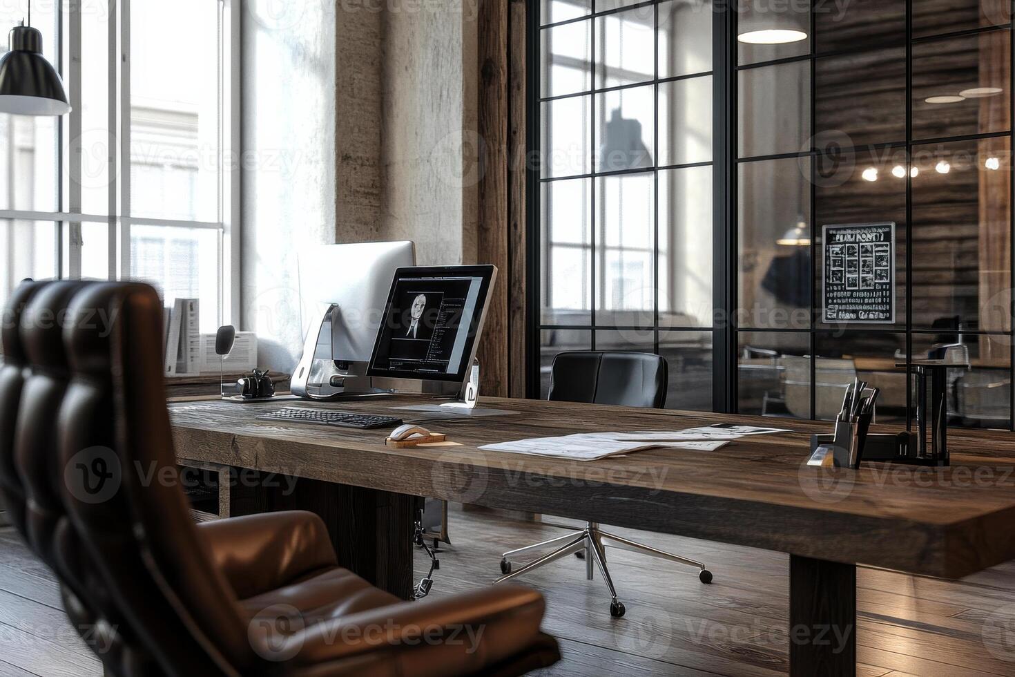 Modern office workspace featuring a wooden desk and sleek technology in a stylish environment photo