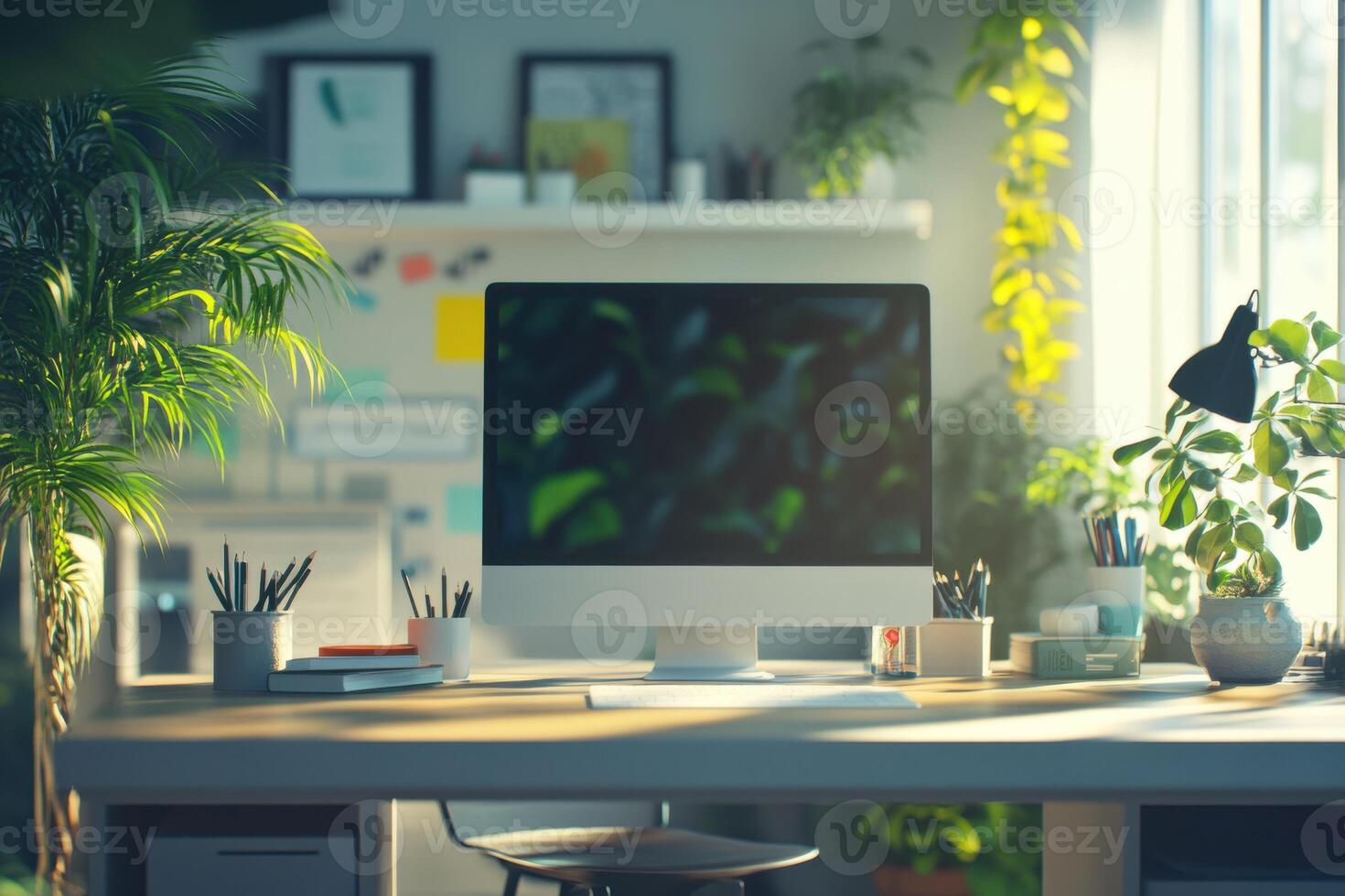 Bright and inviting home office with greenery, modern computer, and organized workspace in daytime photo