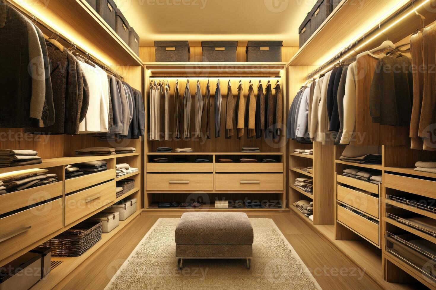 Spacious walk-in closet with organized clothing and modern lighting in a warm wooden finish photo
