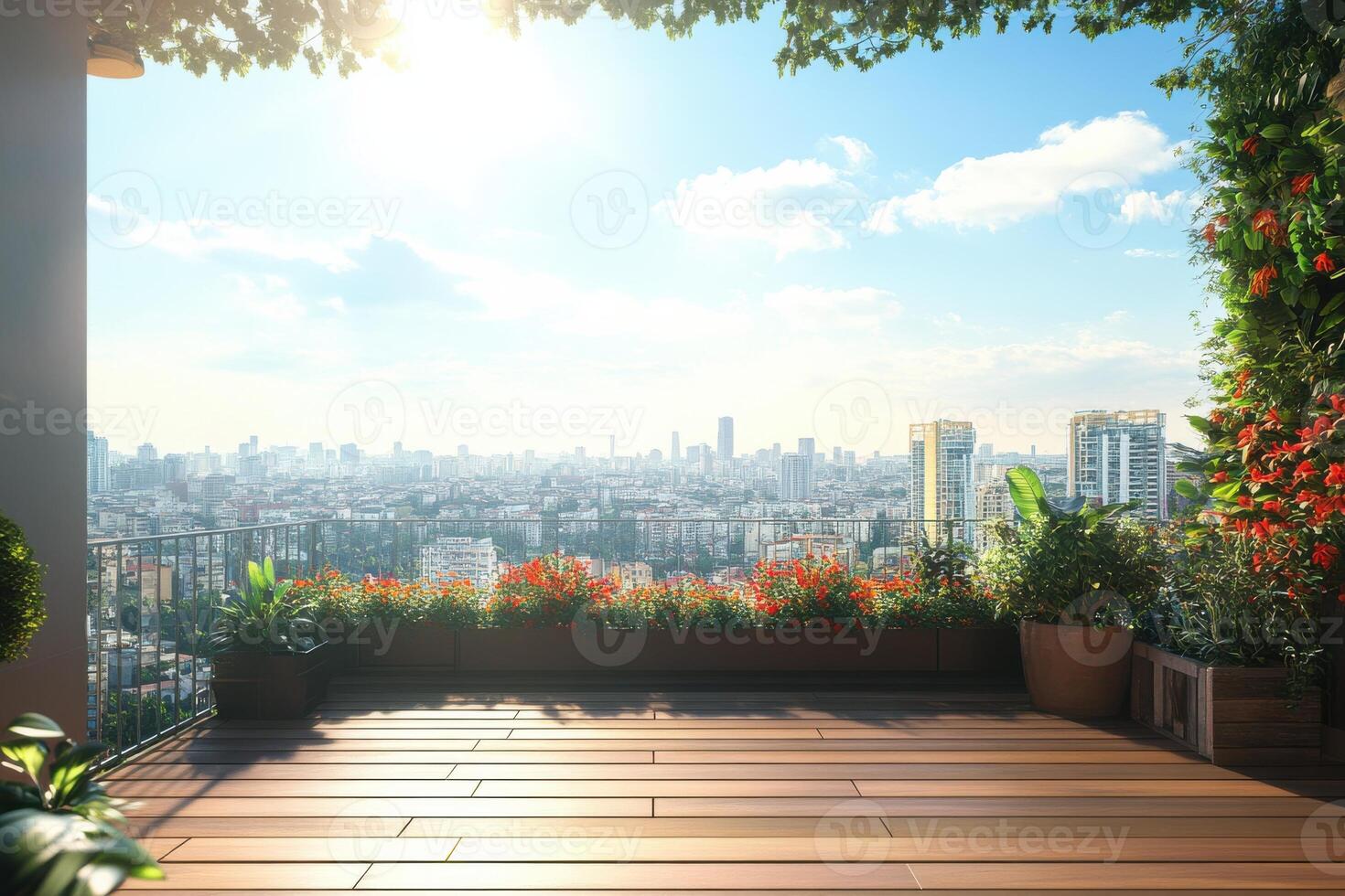 Beautiful rooftop garden with city skyline view during golden hour in an urban setting photo