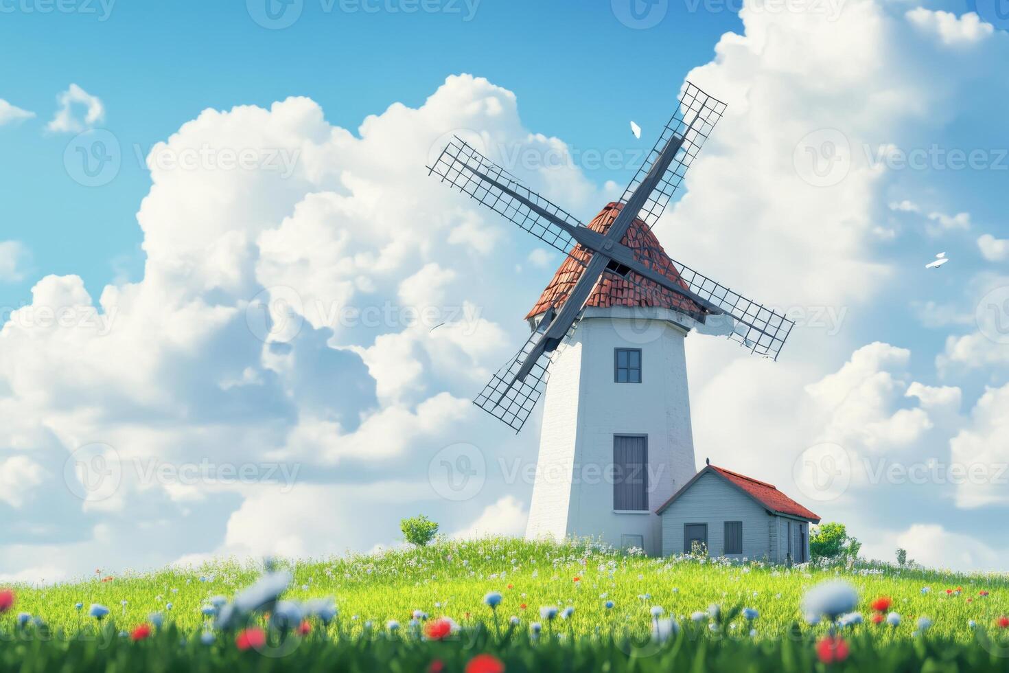 A picturesque windmill stands tall on a green hillside under a bright blue sky filled with clouds photo