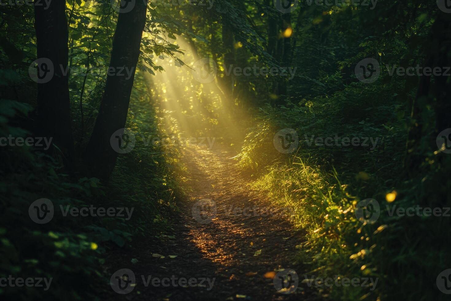 Serene forest pathway illuminated by sunlight during early morning in a tranquil woodland setting photo