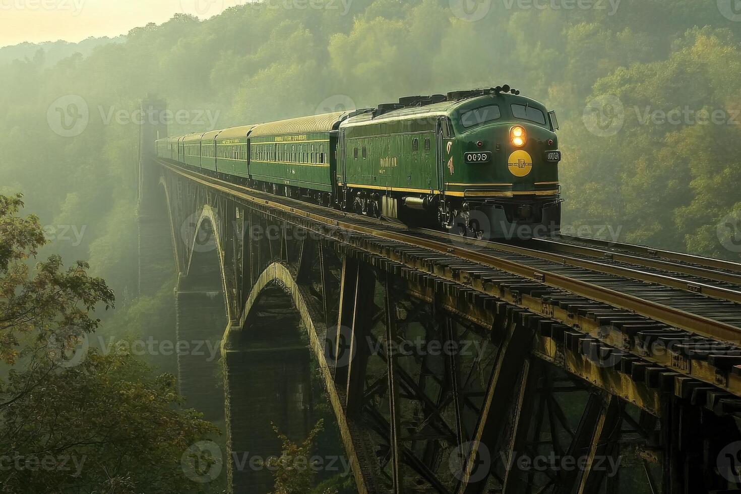 Vintage train travels across a scenic bridge in the early morning light near a forested landscape photo