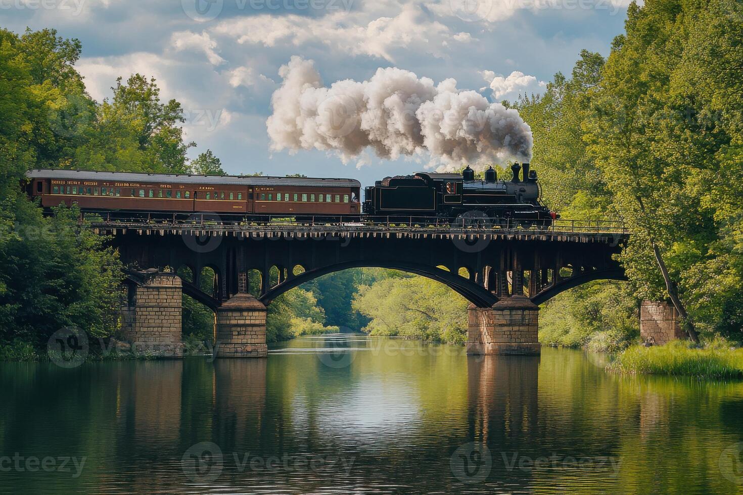 Historic steam locomotive crosses a scenic bridge over calm waters surrounded by lush greenery photo