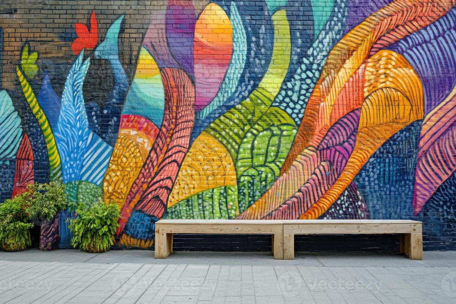 Colorful mural featuring vibrant abstract patterns on a brick wall in an urban setting with a bench photo