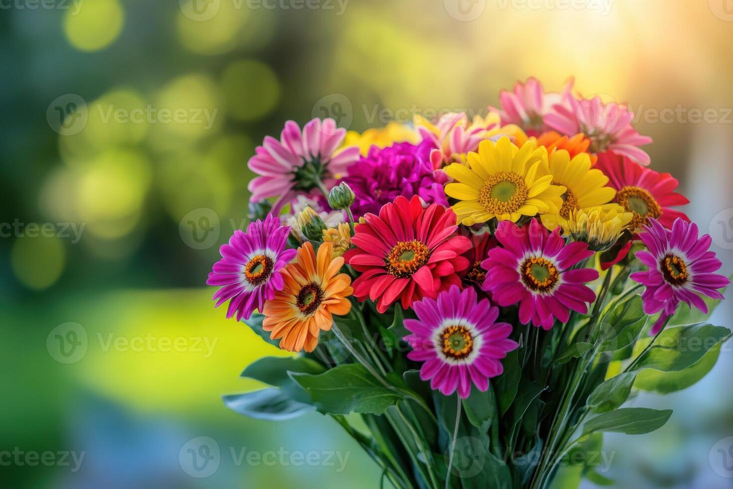 Colorful bouquet of flowers in a garden during sunset with a soft bokeh effect photo