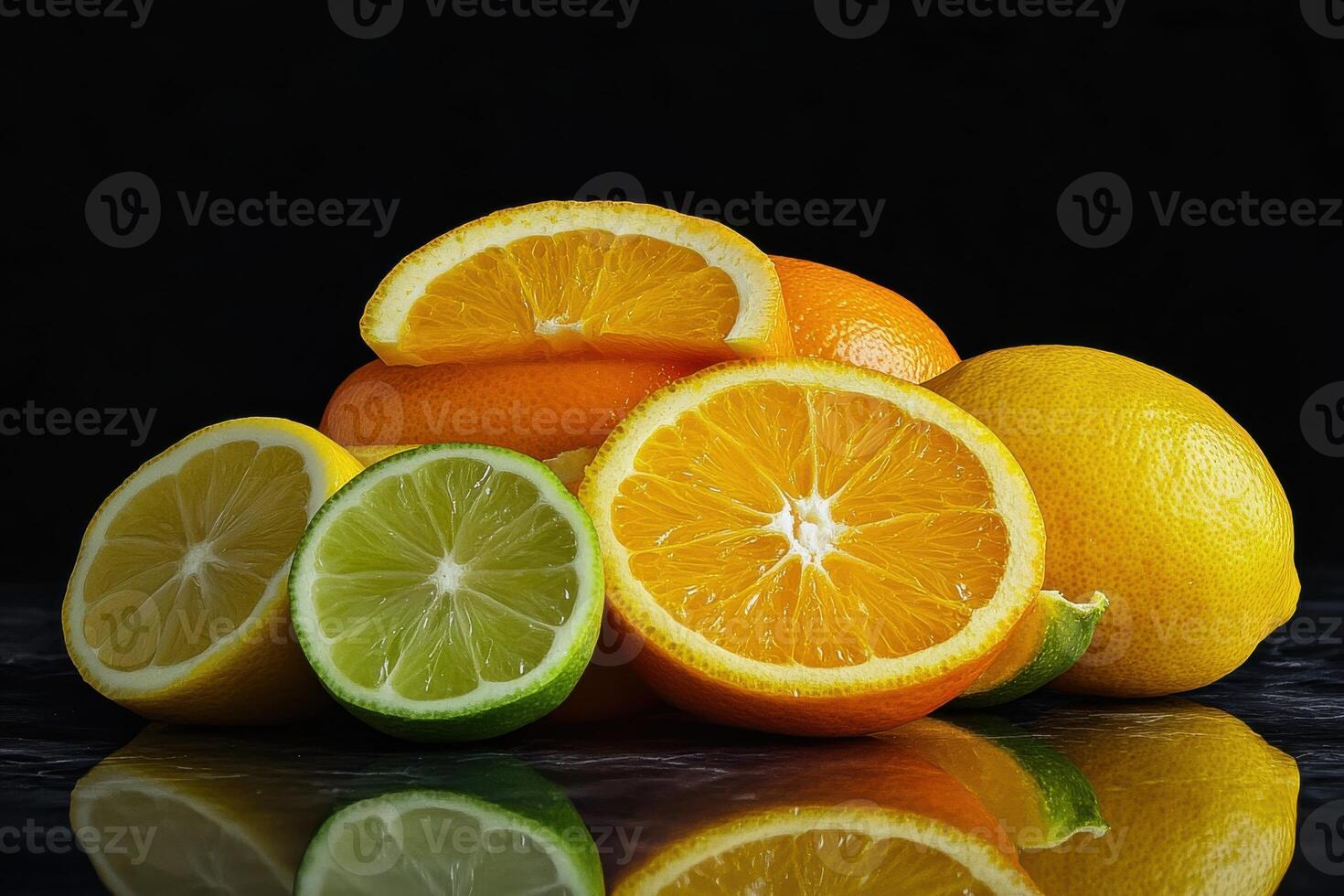 Fresh citrus fruits arranged artistically on a reflective surface against a black background photo