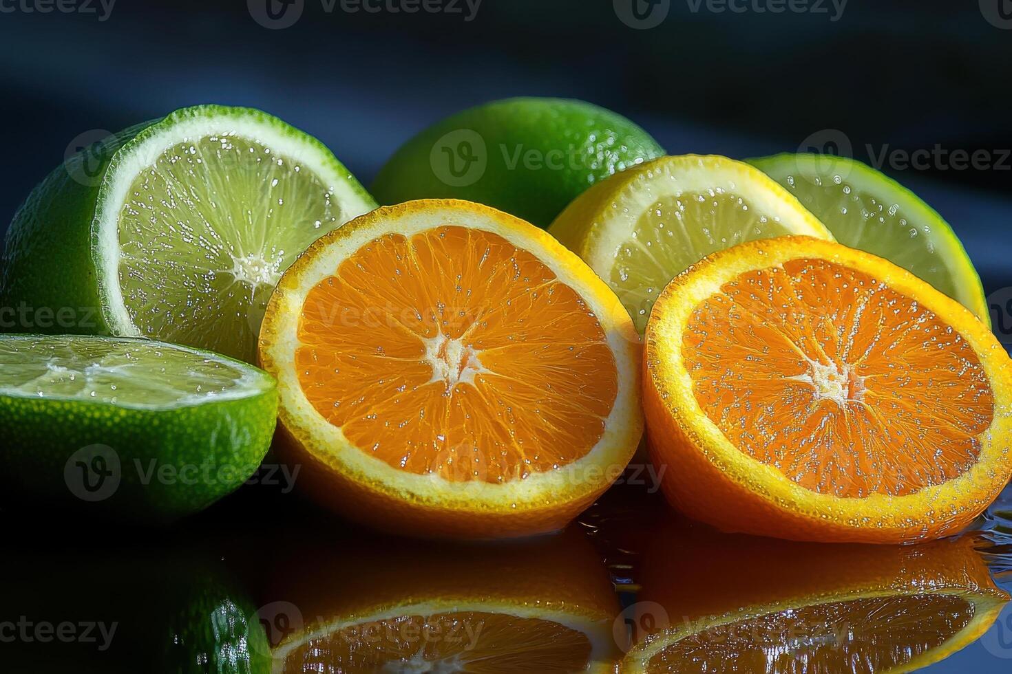 Fresh oranges and limes arranged artistically with vibrant colors displayed on a reflective surface photo