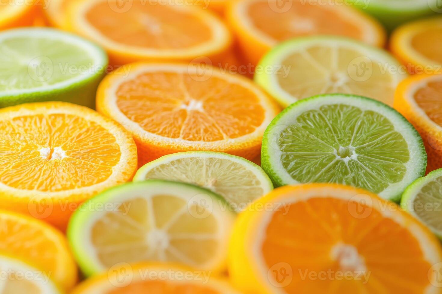 Freshly sliced oranges and limes arranged beautifully in a vibrant display at a market stall photo
