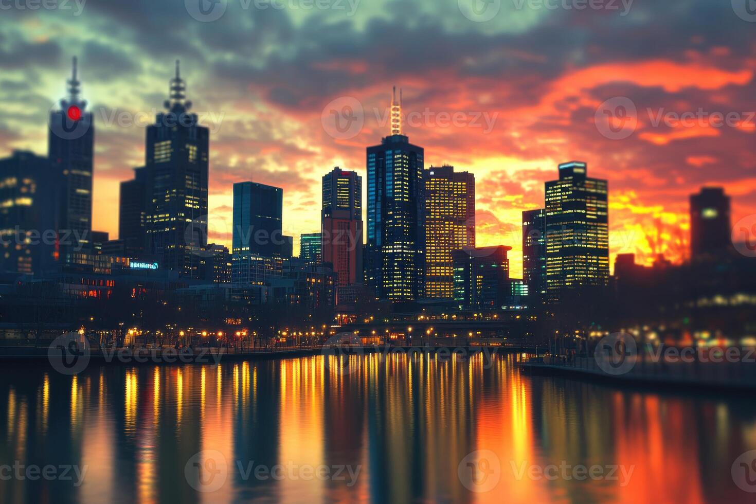 Melbourne skyline illuminated by sunset reflections over Yarra River in evening twilight photo