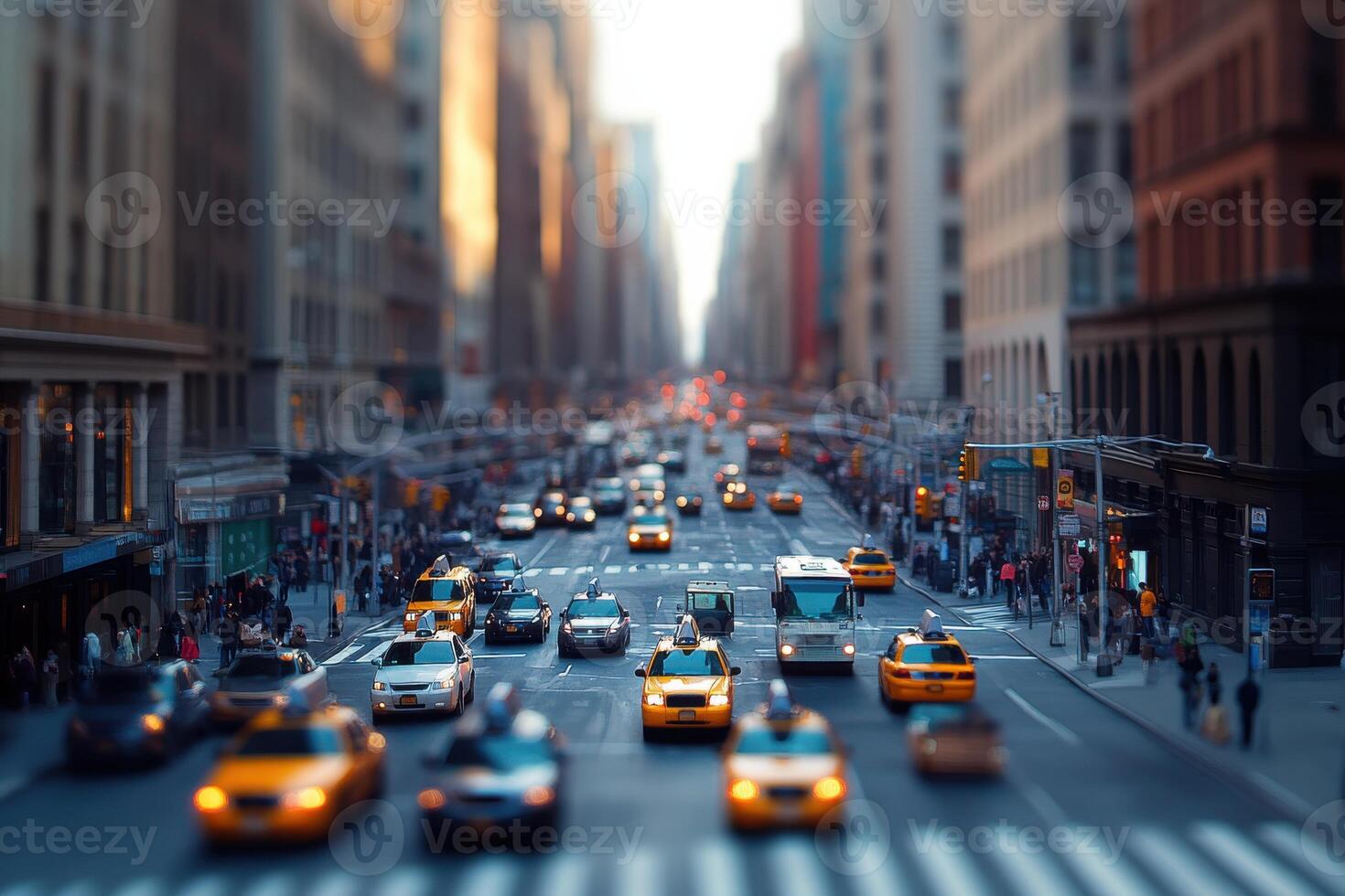 Busy New York City street filled with yellow taxis during the evening rush hour photo