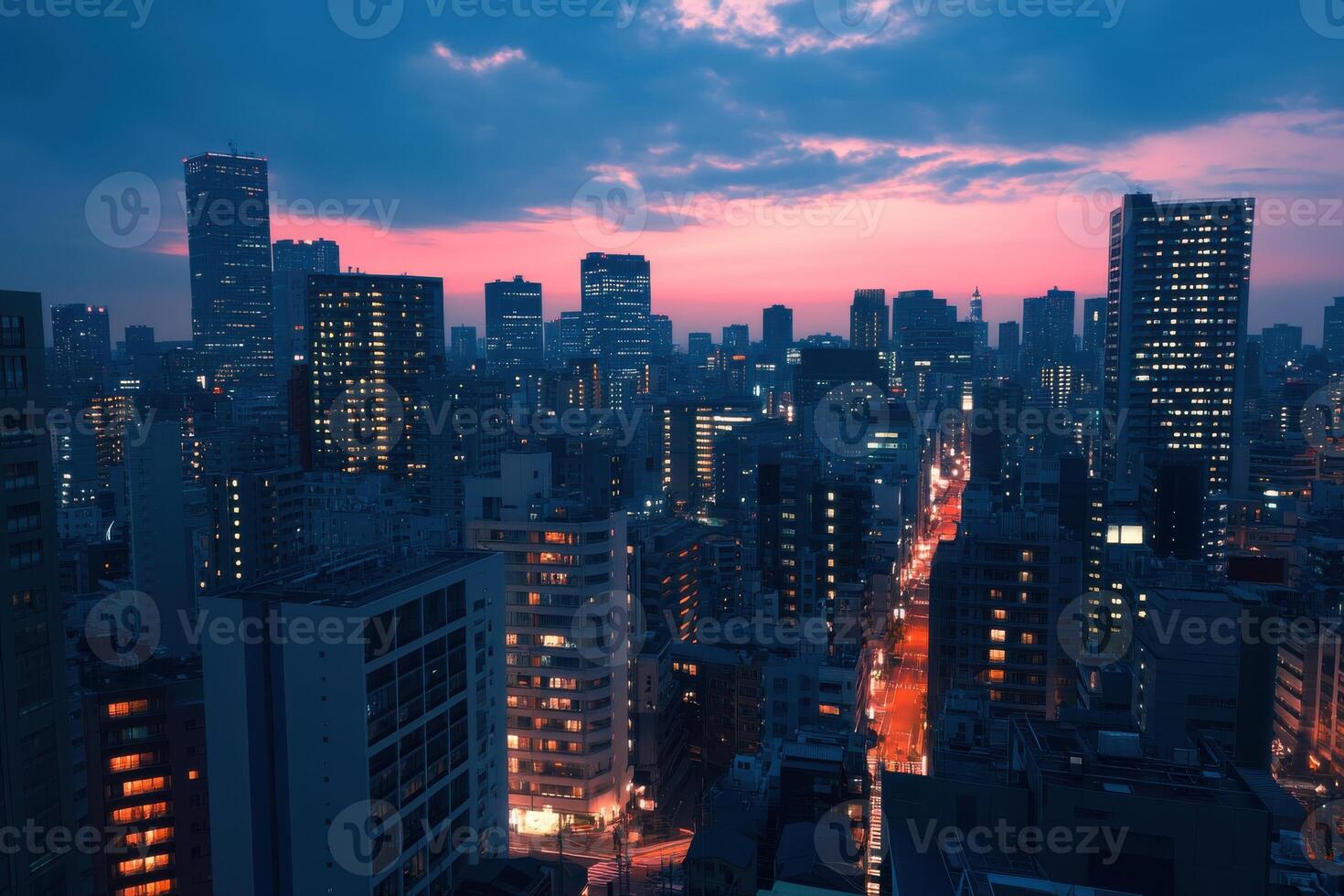 Twilight cityscape of a bustling urban skyline with glowing buildings and a vibrant horizon photo