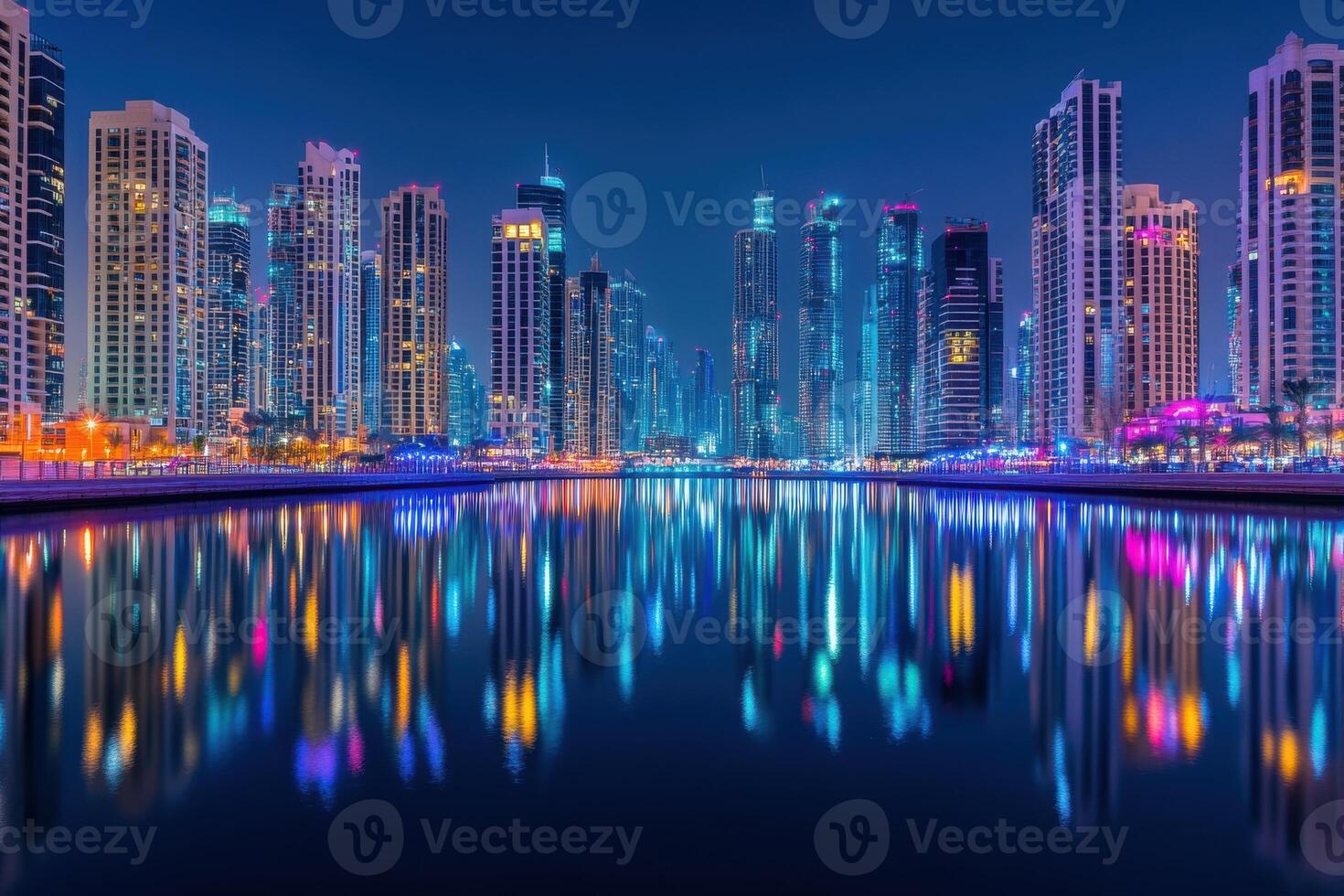 Dubai's skyline sparkles at night, with colorful lights reflecting on the water photo